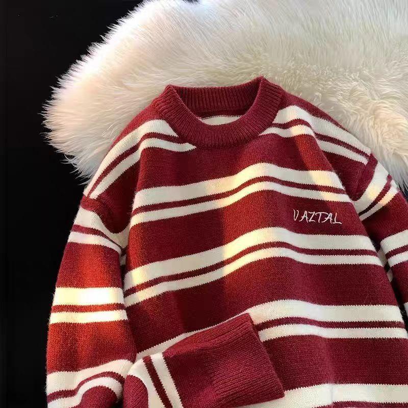 Oversized Crew Neck Striped Knit Sweater Men Women Casual Winter Pullover Slim Fit Cotton Blend