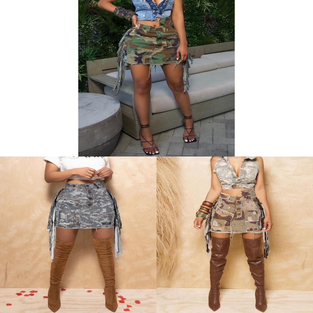 Falda Corta Para Mujer Verano Camuflaje Flecos Tela Vaquera Corte Ajustado Moda