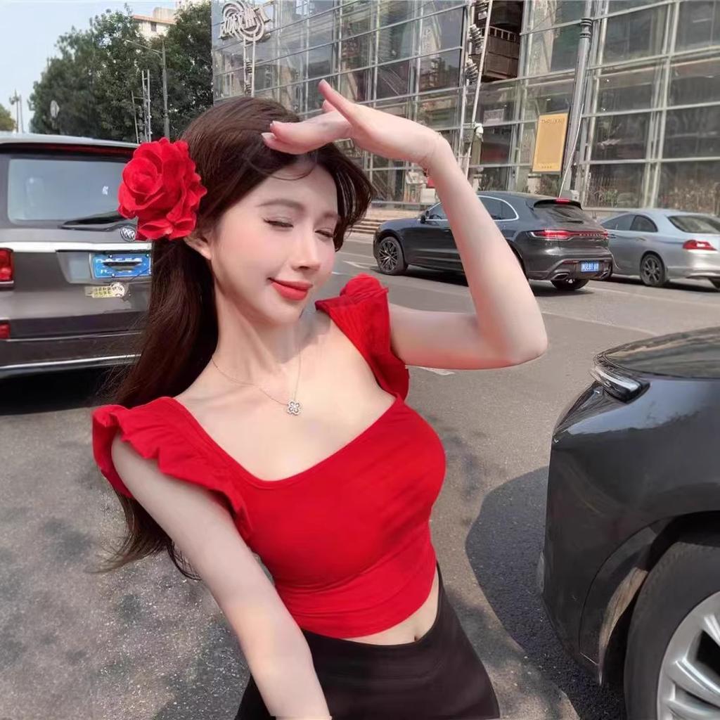 Red Square Neck Small Flying Sleeves Slim and Thin T-shirt Summer New French Sweet Spice Girl Short Top Trendy