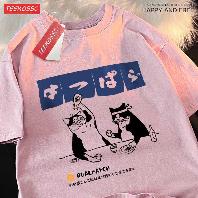 Summer Cotton Woman TShirts Original Japanese Retro Cat Prints Tee Shirts Loose ONeck Soft Comfortable Tops Female Clothes