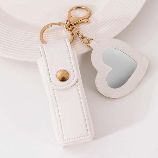 Lipstick Clip Keychain Pendant with Mirror Imitation Leather Lip Gloss Holder Heart-Shaped Pendant Alloy Key Ring