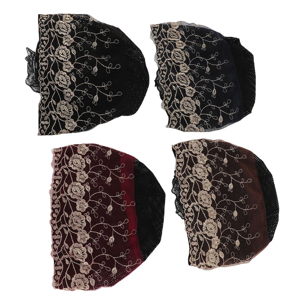 4 Pcs Women Muslim Inner Hijab Cap Black Wine Red Navy Blue Coffee Color Lace Cotton Embroidered Und