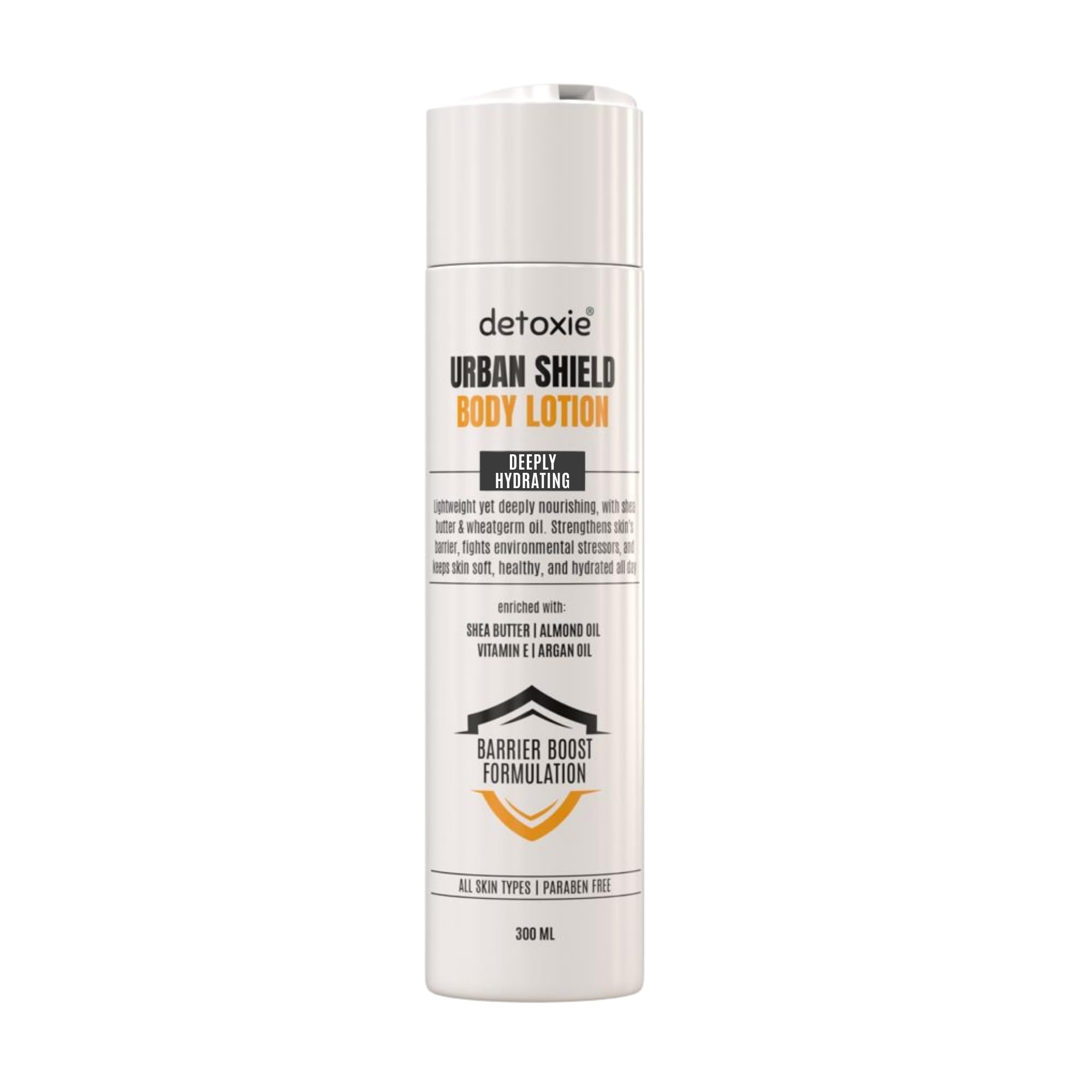 

Urban Shield Body Lotion with Shea Butter & Almond Oil | 300ml | Unisex | Lightweight, Non-Sticky Hydration, Strengthens Skin Barrier, Fights Dry