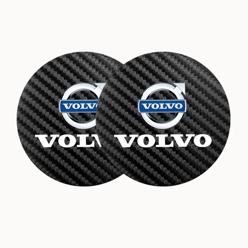 2Pcs Car Carbon Leather Water Cup Pad Anti-noise Coaster Mat For Volvo XC90 V90 V60 XC60 V40 S80 S60 S90 C40 XC40 V70 XC70 C30