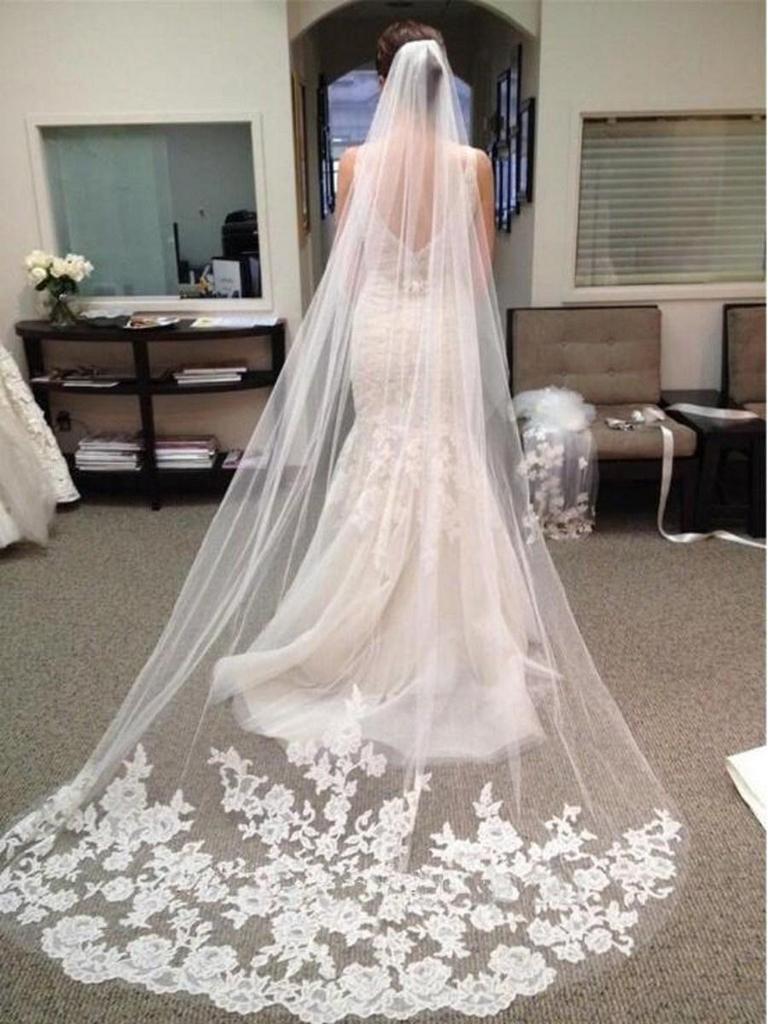 Velo da Sposa Lungo con Applicazioni in Pizzo Coreano (3m) - Squisita Garza Morbida per Nuove Spose, Bianca/Bianco Sporco