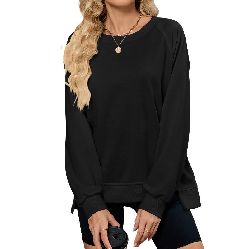 Damen Herbst und Winter Neu Einfarbig Gerippt Rundhals Langarm Lockeres Sweatshirt Top