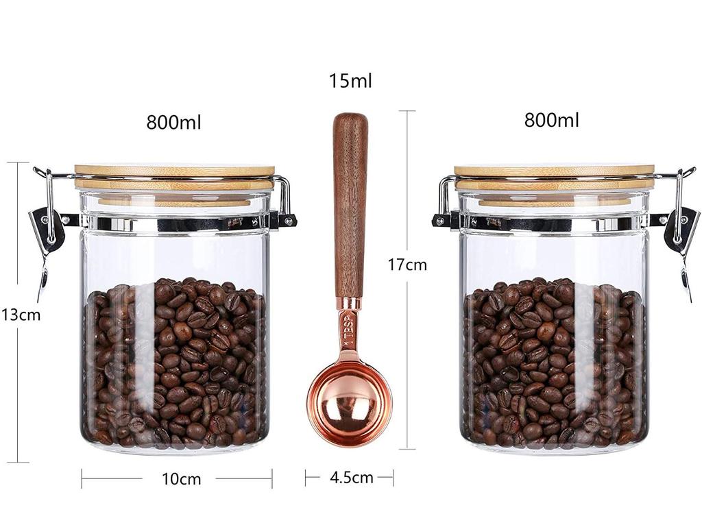 KKC Coffee Bean Storage Jar, 250g Coffee Beans, Powder, Sugar, Tea, Snow Peak Glass Canister, Airtight Storage Container, 800ml, Set of 2 + 1 Spoon