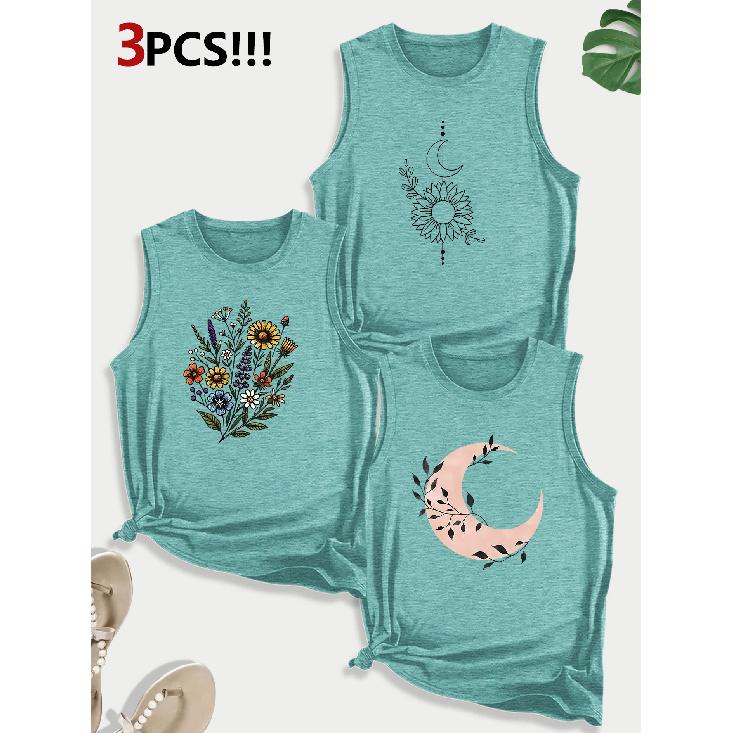 Dog Lover Paw Print Combination Gift Printed Pattern Round Neck3Pack of Sleeveless Vests for Women In Spring, Summer, and Autumn