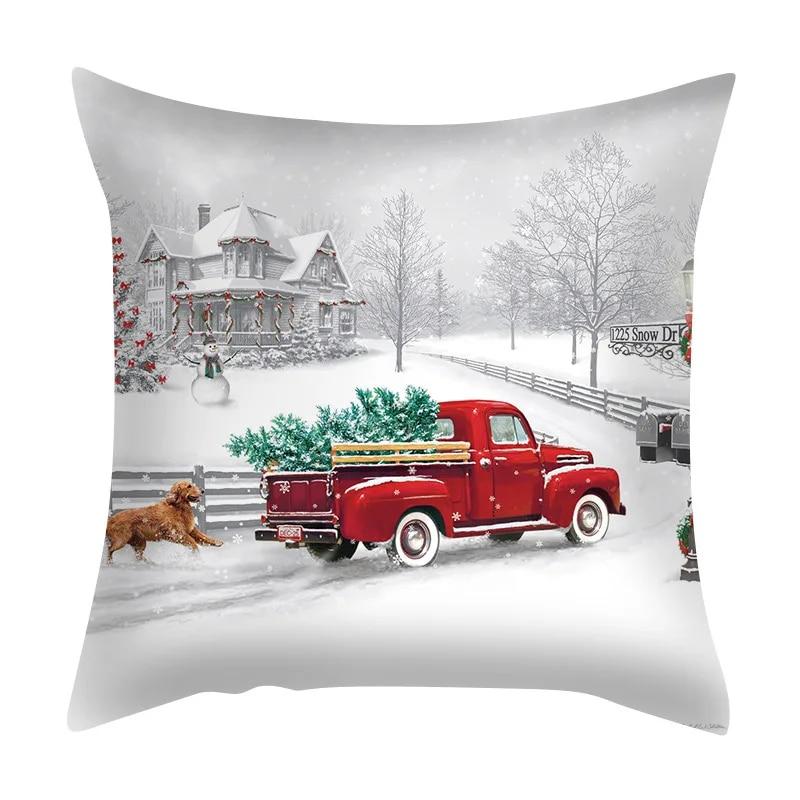 Taie d'oreiller de Noël Père Noël Camion Ferme Maison Bonhomme de neige Couronne Décoration d'arbre de Noël Bureau Canapé Housse de coussin