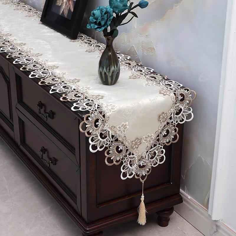 Lace Table Flag Runner Lace Fabric Pendant Tassel Table Cloth Tablecloth Flower Embroidery Anti Slip cabinet Protective Pad