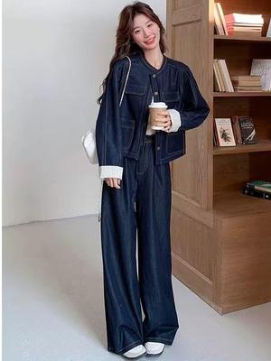 Women's Plus Size Spring & Autumn Denim Suit: Round Neck Jacket & Wide Leg Pants - Unique Two-Piece Set for Young Mothers.
