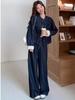 Women's Plus Size Spring & Autumn Denim Suit: Round Neck Jacket & Wide Leg Pants - Unique Two-Piece Set for Young Mothers.