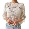 Tops para cubrir el cuerpo de corte holgado con cuello redondo y manga de tres cuartos de ganchillo calado para la playa, camisa estilo bohemio con dobladillo de borlas