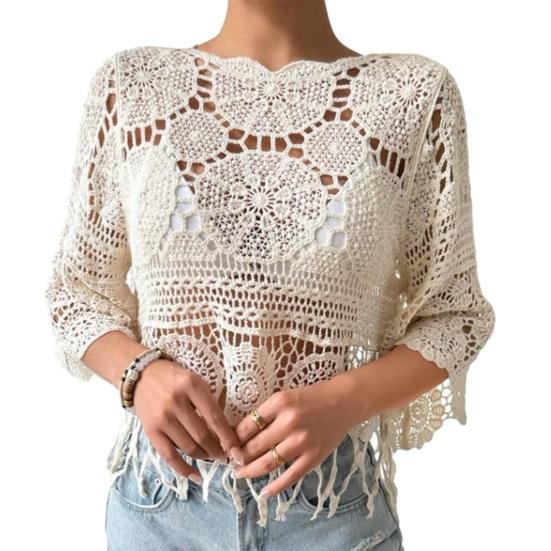Tops para cubrir el cuerpo de corte holgado con cuello redondo y manga de tres cuartos de ganchillo calado para la playa, camisa estilo bohemio con dobladillo de borlas