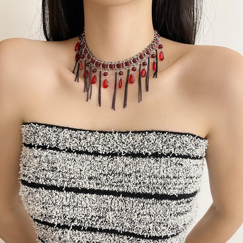 Vintage Tassel Beads Necklace Gothic Clavicle Chain Trendy Beaded Choker  Women