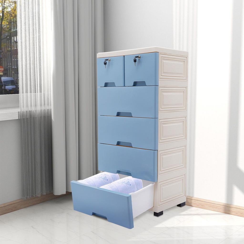 6-Drawer Modular Storage Cabinet – PP Plastic Dresser with Wheels & Locks – White/Blue – 50 x 35 x 102 cm