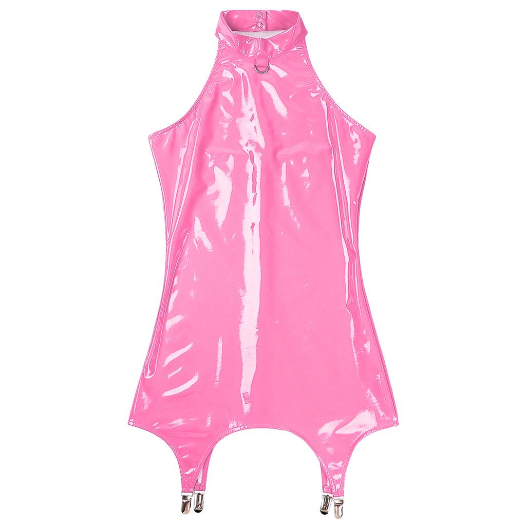 Damen, figurbetontes Kleid mit Strumpfhalterklammern, Lacklederkleid, ärmellos, Party-Club-Kleider, Clubwear
