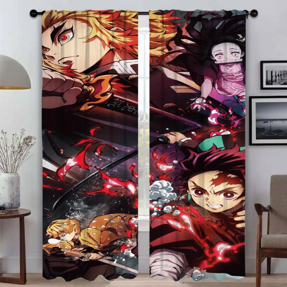 Elegant Room Curtains 2 Pieces Demon Slayer Living Room Curtain Home Interior Curtains for Camera Shades Tulle for Bedroom Child