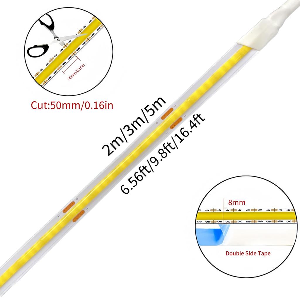 Clearhill COB LED Strip Light Only with Bare 5M Purple 12V Black Red Wire Connection 320 Strong Light Width 8mm IP20 Emission Double Sided Tape