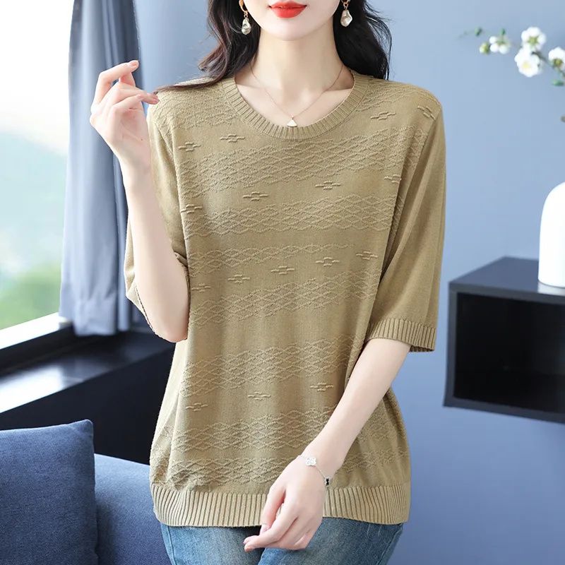 Middle Aged Mom's Mid Sleeve T-shirt Women's Summer Loose Plus Enlarged Size Ice Silk Knitted Top