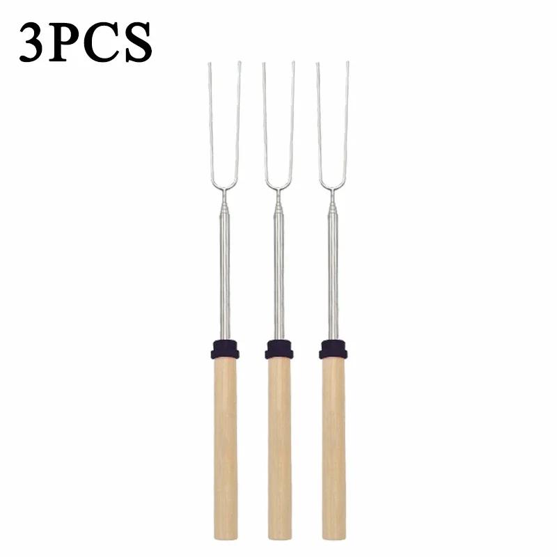 Stainless Steel Telescoping BBQ Fork U-Shaped Hot Dog Skewer with Wooden Handle for Outdoor Grilling Campfire BBQ Use