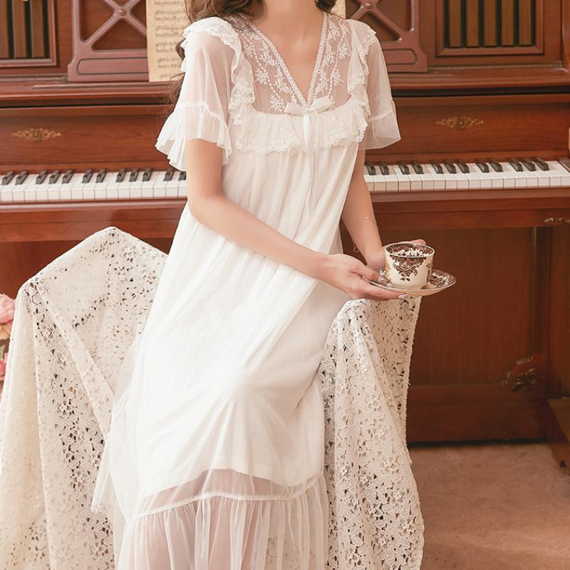 Síťované pyžamo Dámské s výstřihem do V Korejský Vintage Krajkový Elegantní Princezna noční košile s krátkým rukávem Domácí oblečení Midi šaty