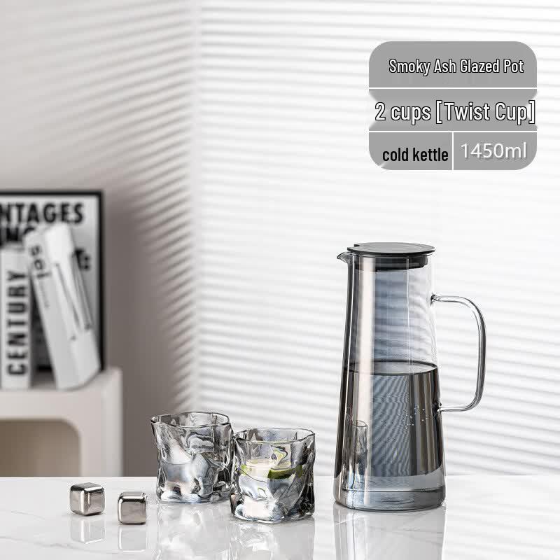 Chaxun 1500ml High Borosilicate Glass Cold Water Pitcher Set with Two Gold-Painted Ceramic Cups