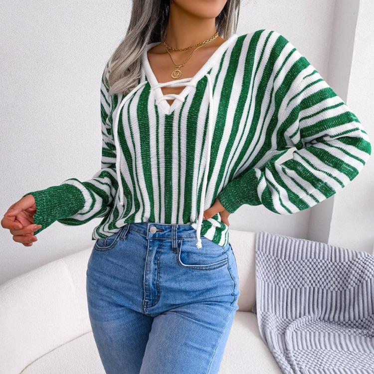 Chic Women's Loose Knitted Sweater with Balloon Sleeve and Contrast Stripe Tie, All Match Tops for Fall Winter