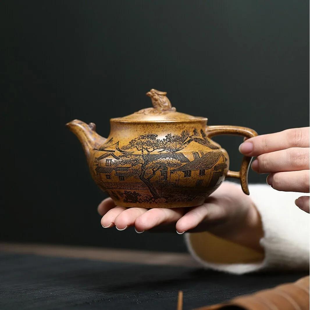 

280ml Authentic Yixing Purple Clay Teapot Famous Master Handmade Phoenix Lid Pot Raw Ore Keel Gold Sand Mud Kettle Zisha Teaset