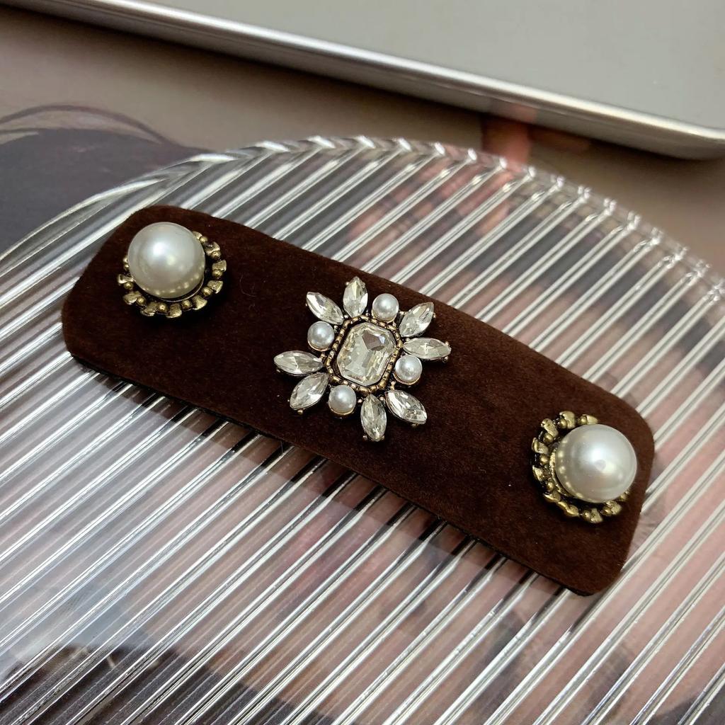 Korean Hair Accessories Heavy Industry Baroque Retro Rhinestone Edge Clip Velvet Bangs BB  Elegant Women's  Headwear