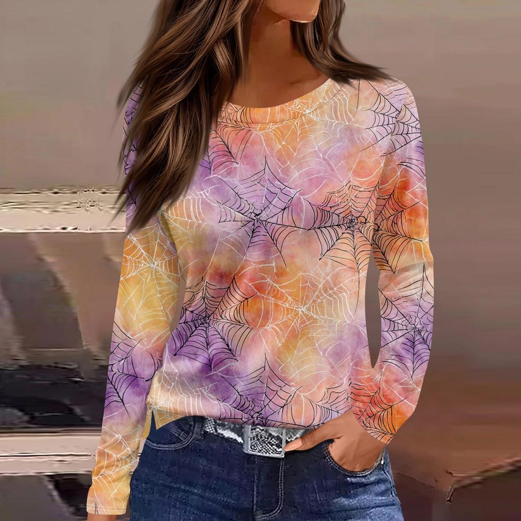 Women's Fashion Hem Slit Casual Halloween Printed Round Neck Long Sleeve Top