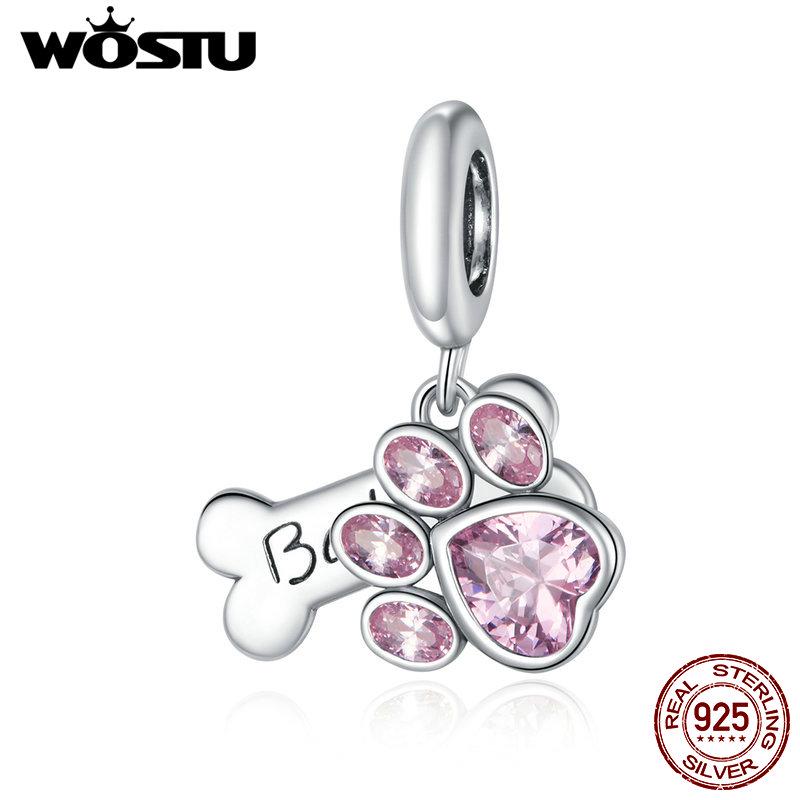 WOSTU Skutečné 925 Sterling Silver Pes Paw Stopa Korálek Růžový Zirkon Bone Charm Fit Originální náramek s přívěskem Šperky