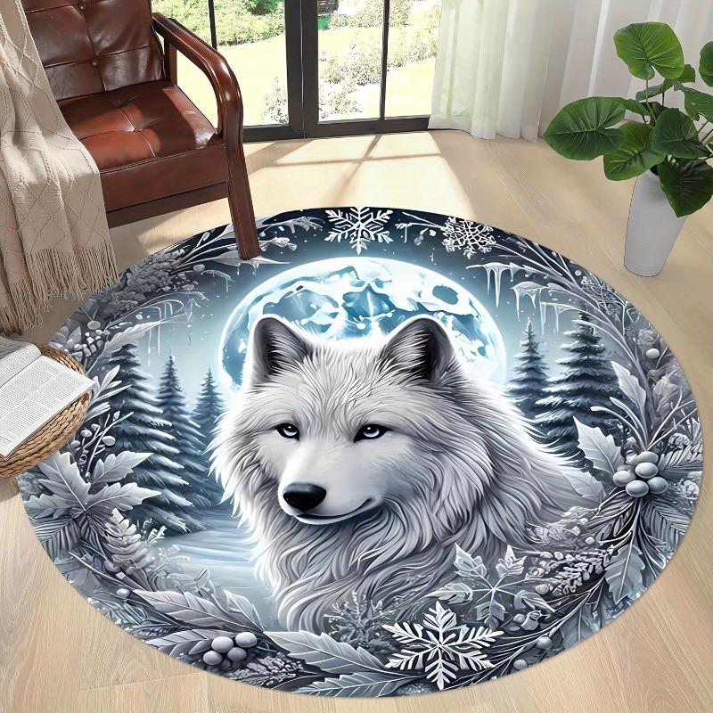 White Wolf Design, Round Carpet, Machine Washable, for Living Room, Bedroom, Entrance, Room Decor, High-Quality Flannel Carpet