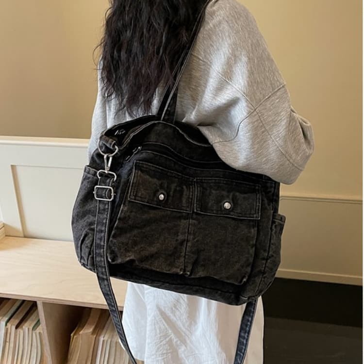 

Washed Denim Multi-pocket Tote Bag Women s Shoulder Bag чёрный