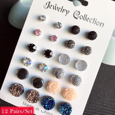 12Pairs/Set Charming Women Round Rhinestone Flower Stud Earrings Jewelry Gift