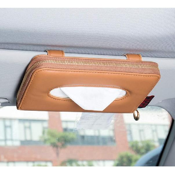 Car Sun Visor Tissue Holder, Napkin Holder, PU Leather Backseat Tissue Case Holder For Car Vehicle With Zipper (Grey)