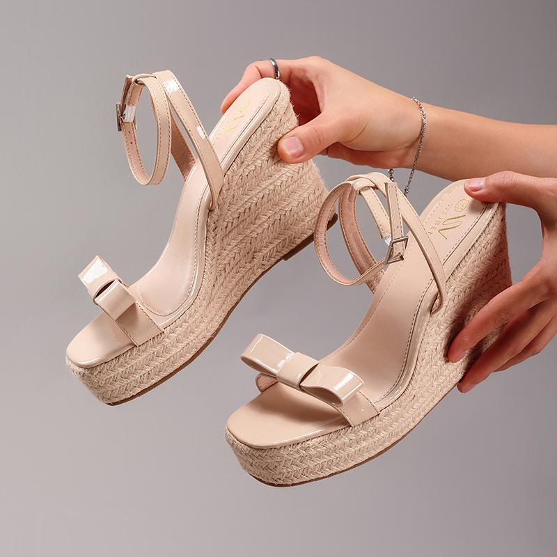 Fashion Hemp Rope Wedge Heel Bow Sandals, Summer Vacation Casual High-Heeled Flip-Flops, Platform High Heels