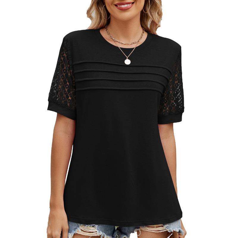 Dámské jarní letní jednobarevné tričko s kulatým výstřihem a strečovými krajkovými rukávy