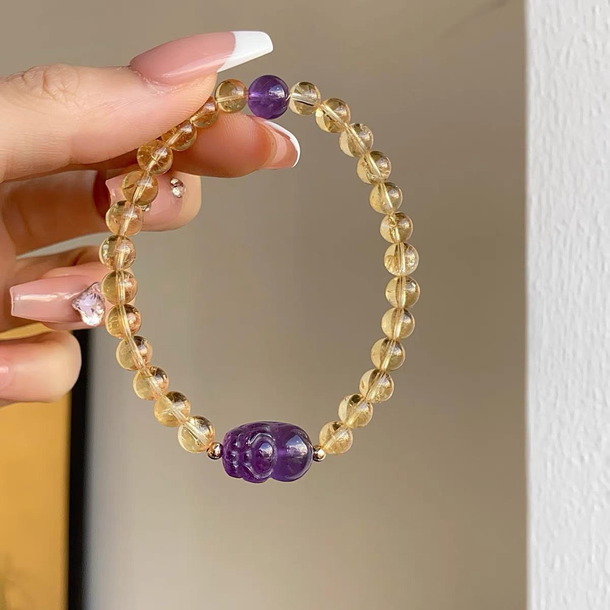 Original natural Uruguayan amethyst bracelet, amethyst Pixiu bracelet, light luxury fashion, popular among Japanese and Korean female livestreamers Amethyst Pixiu+Huang Ase