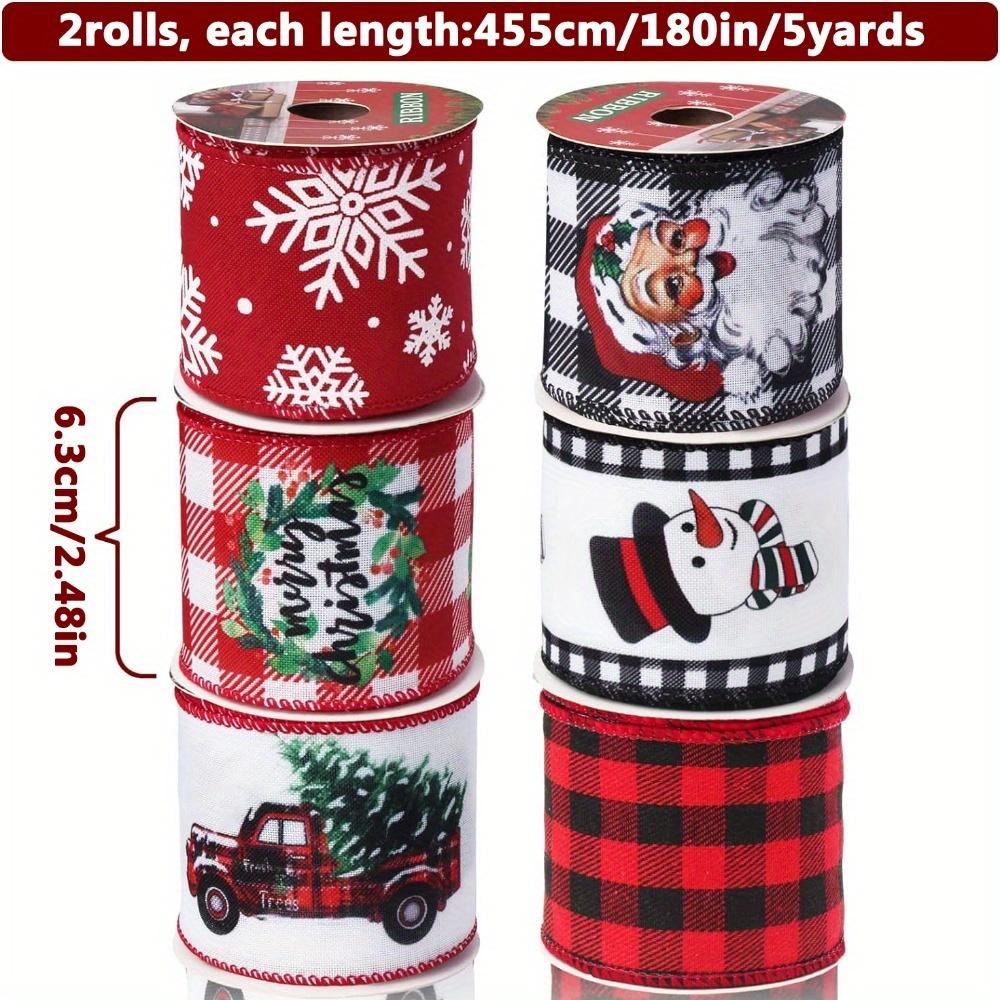 2rolls Christmas Ribbon Wired Christmas Wired Ribbon Incl. Santa Christmas Buffalo Plaid Ribbon for Wreaths Bows Christmas Decor DIY Crafts