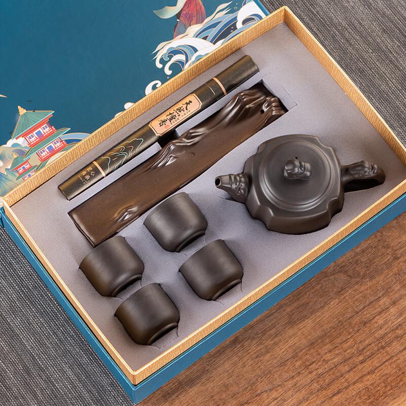 Purple Clay Tea Set with Incense Gift Box Four-sided Dragon Pot