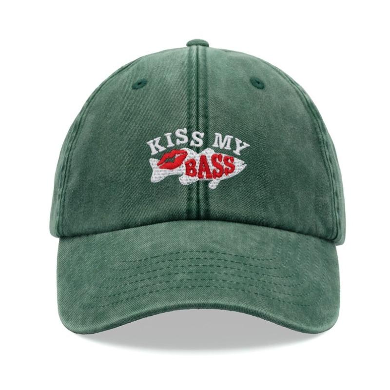 1pc "Kiss My Bass"leisure Unisex Baseball Cap,outdoor Windproof Vintage Washed Dad Skull Hat Suitable for Fishing,holiday,tralve