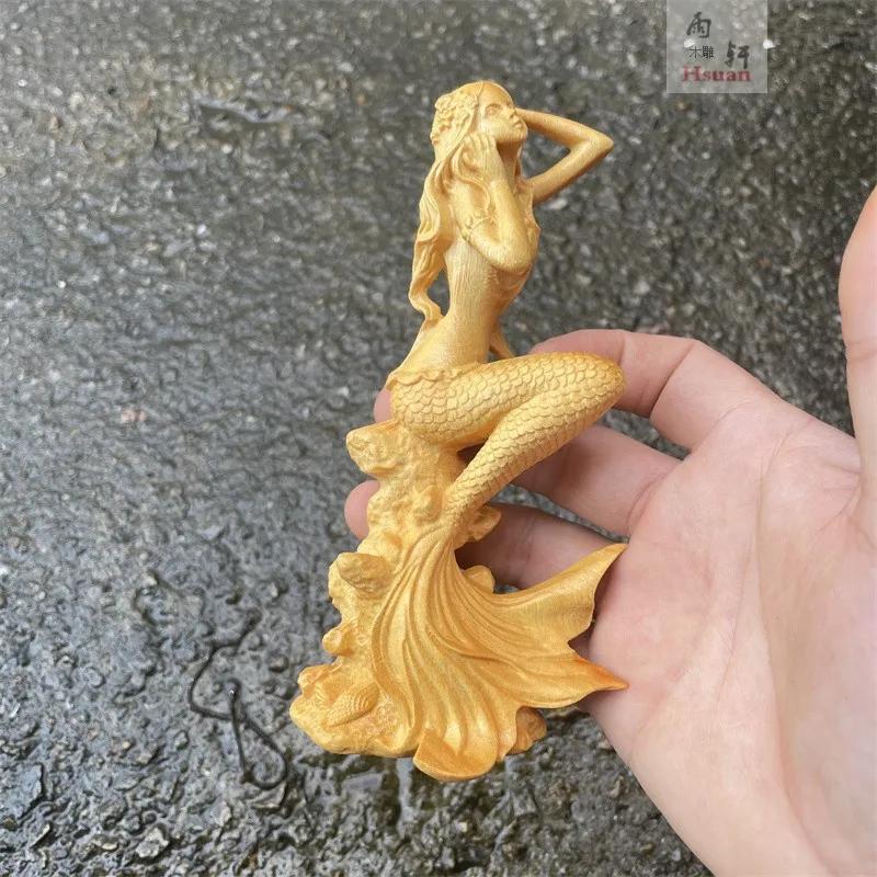 Wood Mermaid Statue Water Fish Girl Sculpture Handmade Wood Carving Home Decoration Beauty Figure Craft Collection Girl Gift