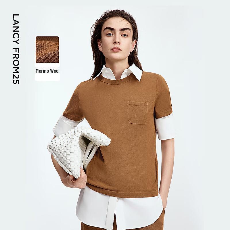 

LANGZI Women s Wool Knit Short Sleeve Round Neck Top L