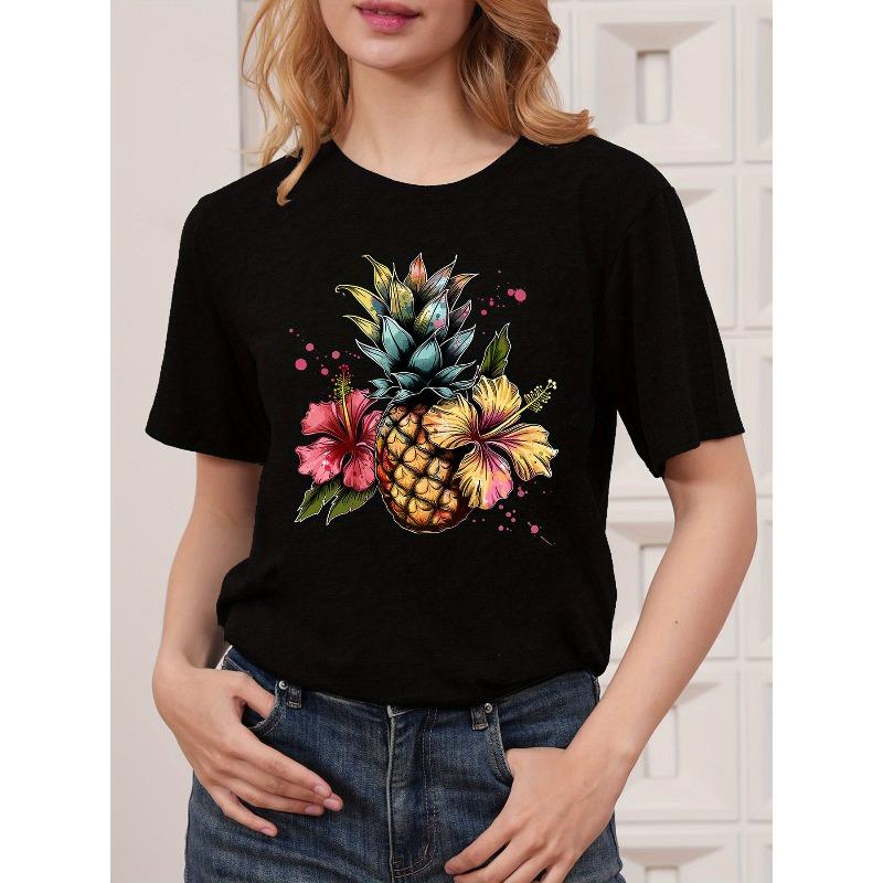 

European Size Women s Hawaiian Style Tropical Pineapple & Hibiscus Print T-Shirt - Crew Neck Top with Hot Transfer Hibiscus Flower Design 4XL
