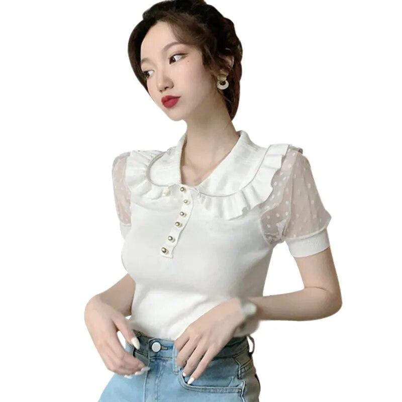 

Женская футболка с воротником в стиле ретро, ​​трикотажная сетчатая строчка, блузки с короткими рукавами, топ