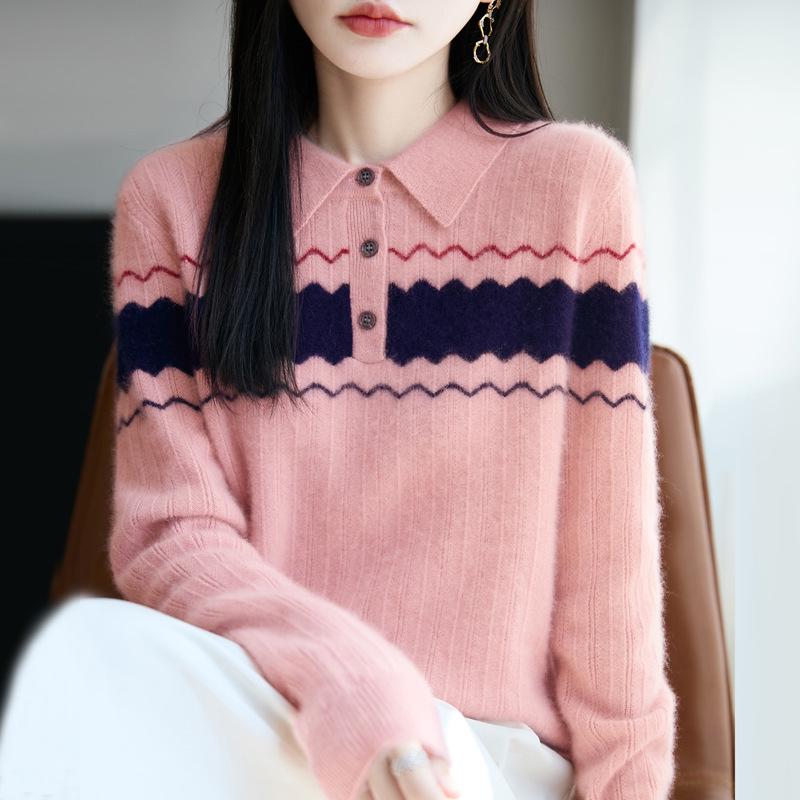 Women's Color-Block Jacquard Wool Sweater - New 2025 Autumn/Winter Cashmere Knit Top