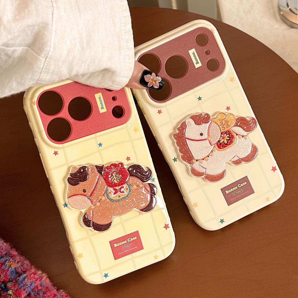 Підходить для IPhone 17 Pro Max та IPhone 16 у Рік Коня - Новорічний Блискучий Мультяшний М'який Чохол Захисна Накладка