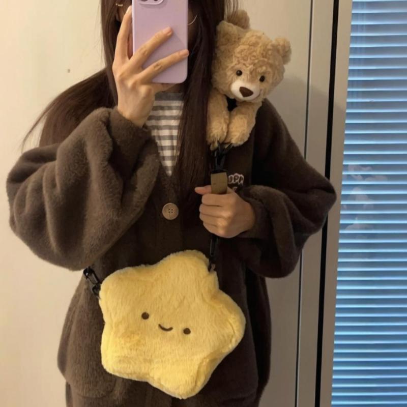 Cute Bear Star Plush Backpack Teddy Stuffed Plushie Doll Kawaii Yellow Star Shoulder Bag Women Fashion Cosmetic Bag Birthday