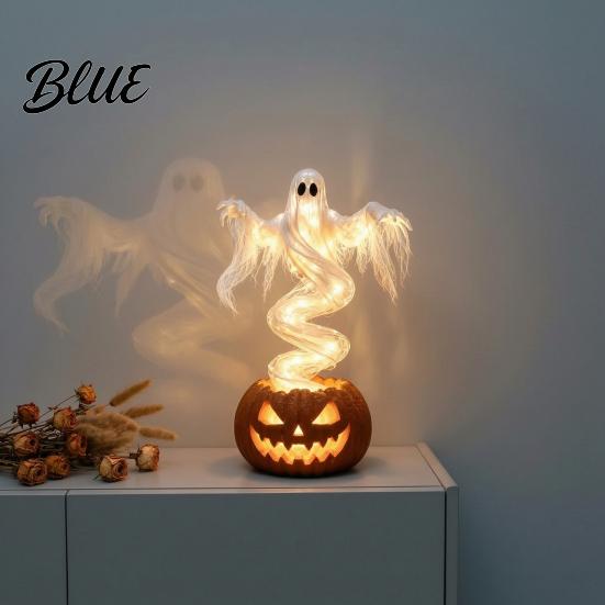 Glowing Tabletop Figures Ghost Pumpkin Yard Lamp Halloween Resin Figurine with Warm LED Light Battery Operated Glow Ornaments Spooky Swirling
